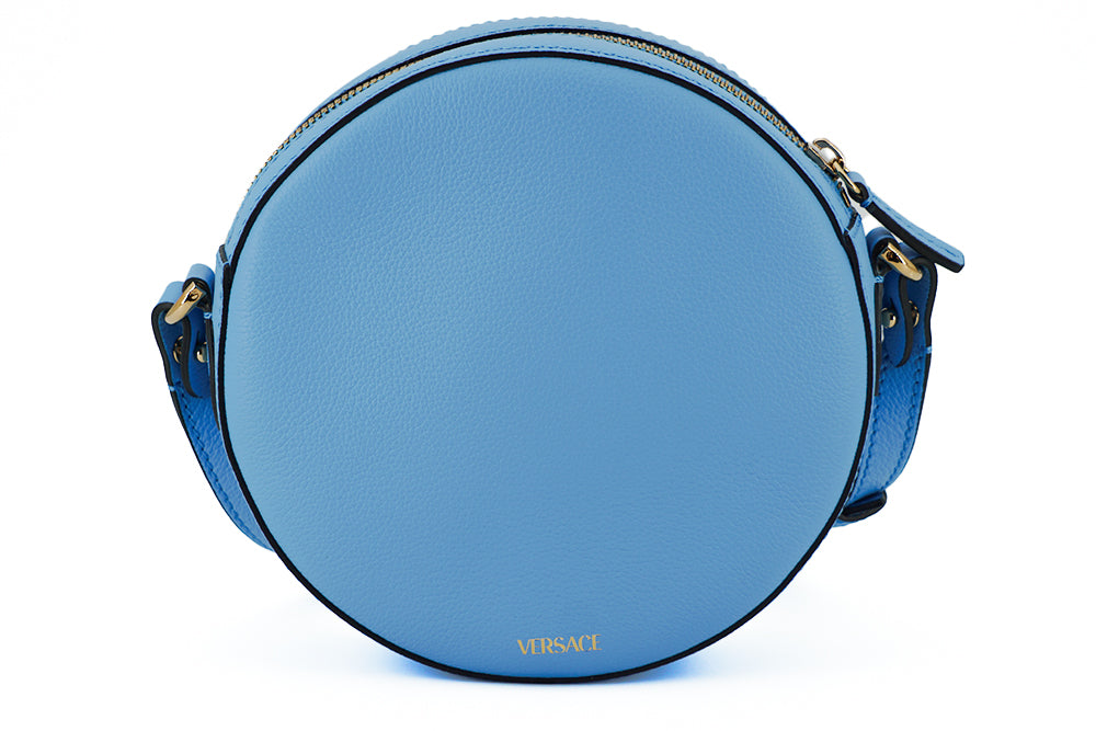 Sac à bandoulière rond en cuir bleu Versace Chic
