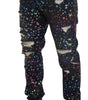 Dolce & Gabbana Black Multicolor Print Tattered Denim Jeans