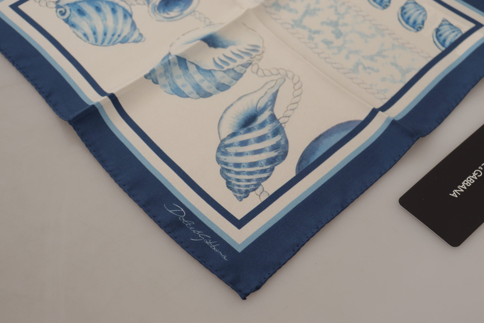 Dolce & Gabbana White Blue Shells Print Square Handkerchief Scarf