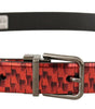 Dolce & Gabbana Red Herringbone Leather Gray Tone Buckle Belt