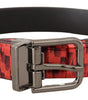 Dolce & Gabbana Red Herringbone Leather Gray Tone Buckle Belt
