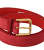 Dolce & Gabbana Red Velvet Gold Logo Engraved Metal Buckle Belt