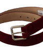 Dolce & Gabbana Red Velvet Silver Logo Engraved Metal Buckle Belt
