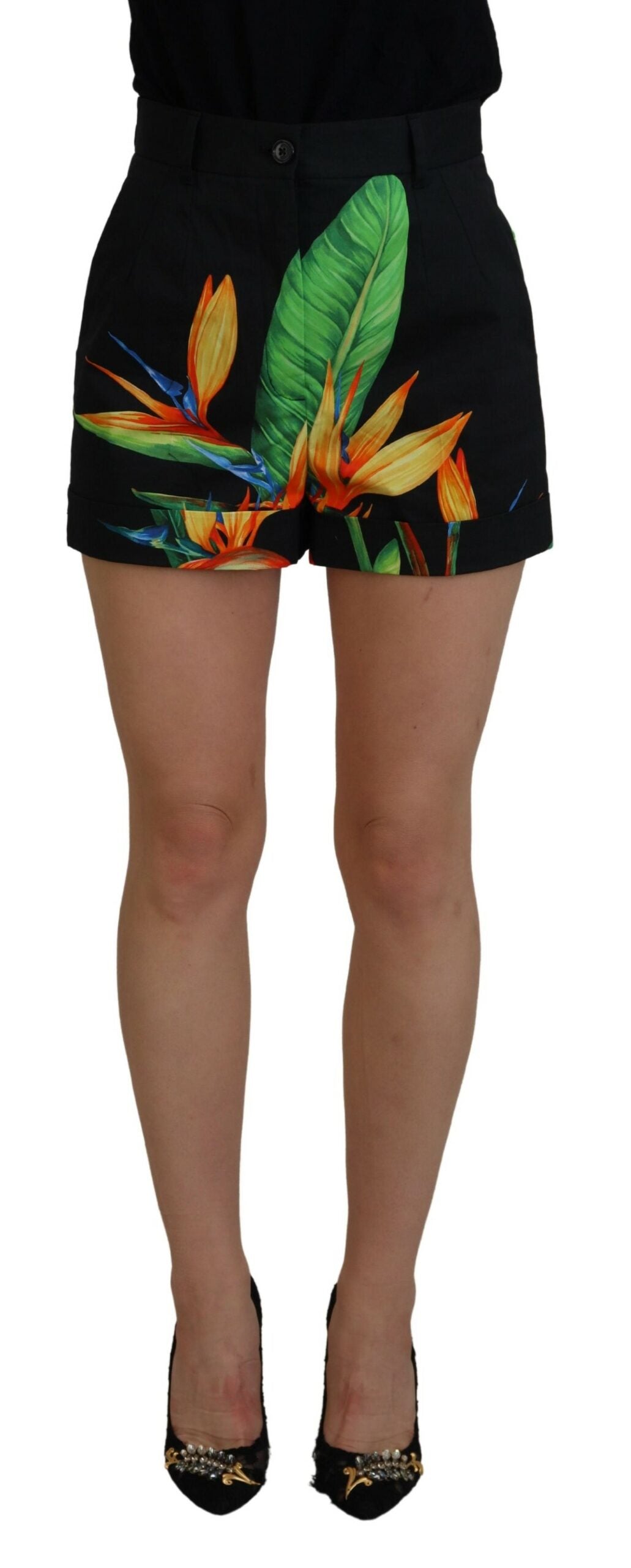 Short taille haute Dolce & Gabbana à imprimé feuilles noires