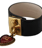 Dolce &amp; Gabbana Elegant Black Leather Gold Detail Bracelet