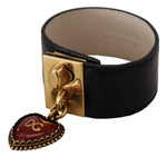 Dolce &amp; Gabbana Elegant Black Leather Gold Detail Bracelet