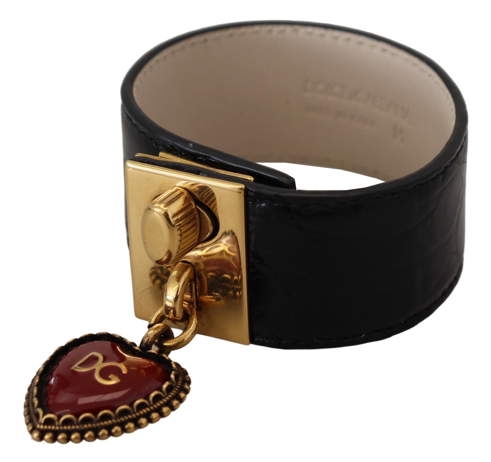 Dolce &amp; Gabbana Elegant Black Leather Gold Detail Bracelet