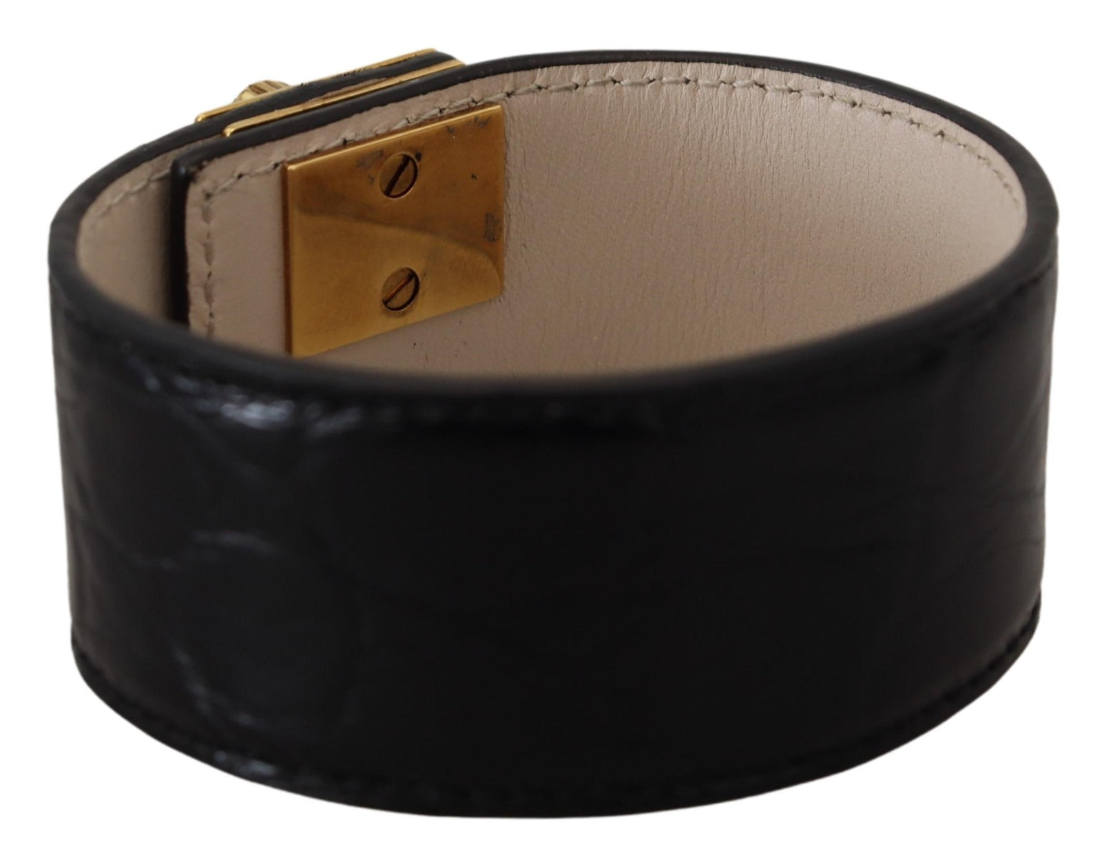 Dolce &amp; Gabbana Elegant Black Leather Gold Detail Bracelet