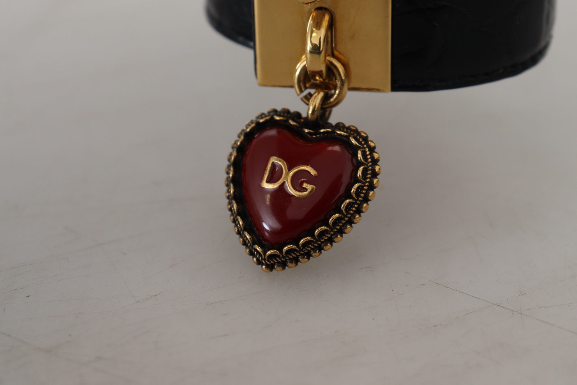 Dolce &amp; Gabbana Elegant Black Leather Gold Detail Bracelet
