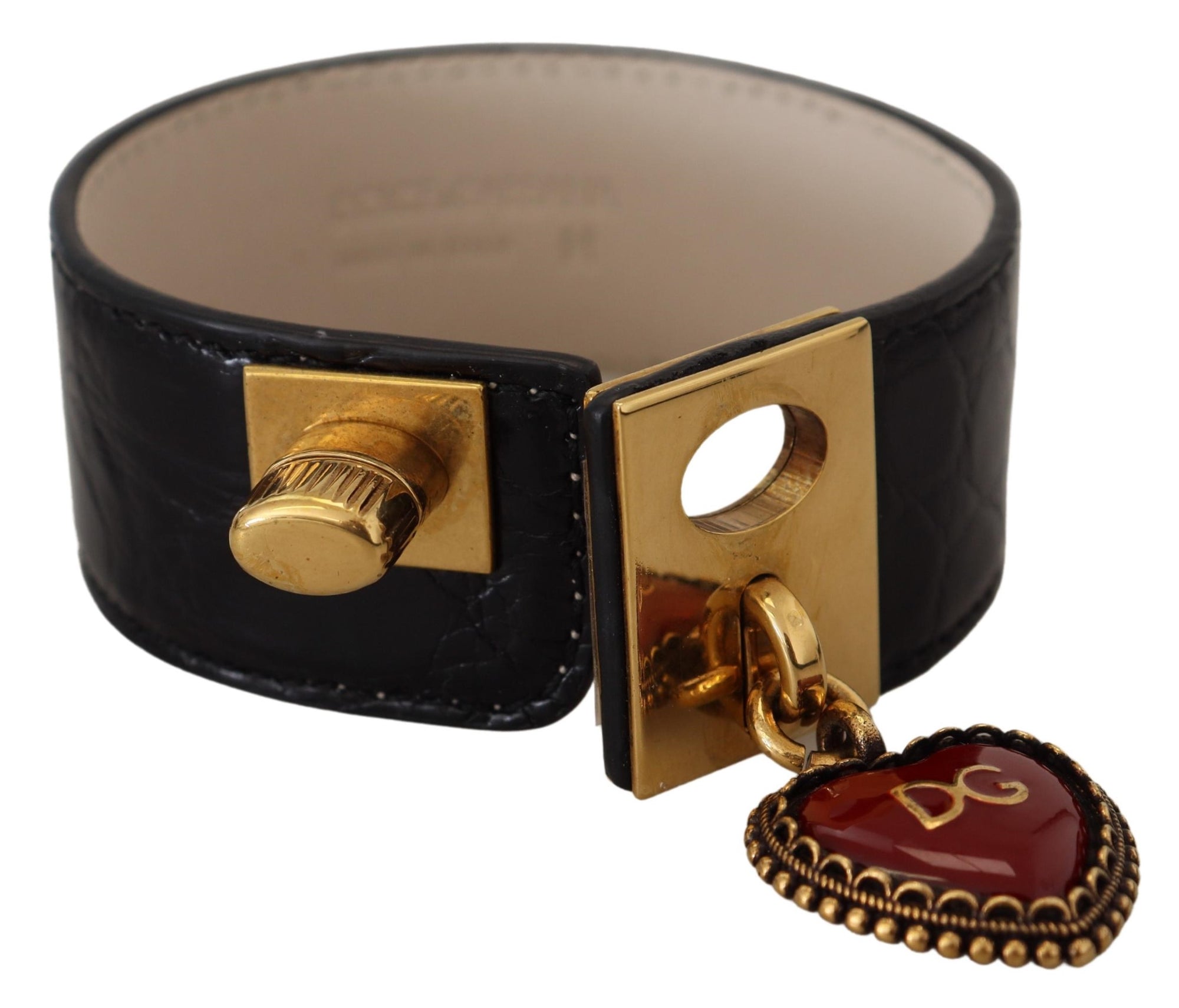 Dolce &amp; Gabbana Elegant Black Leather Gold Detail Bracelet