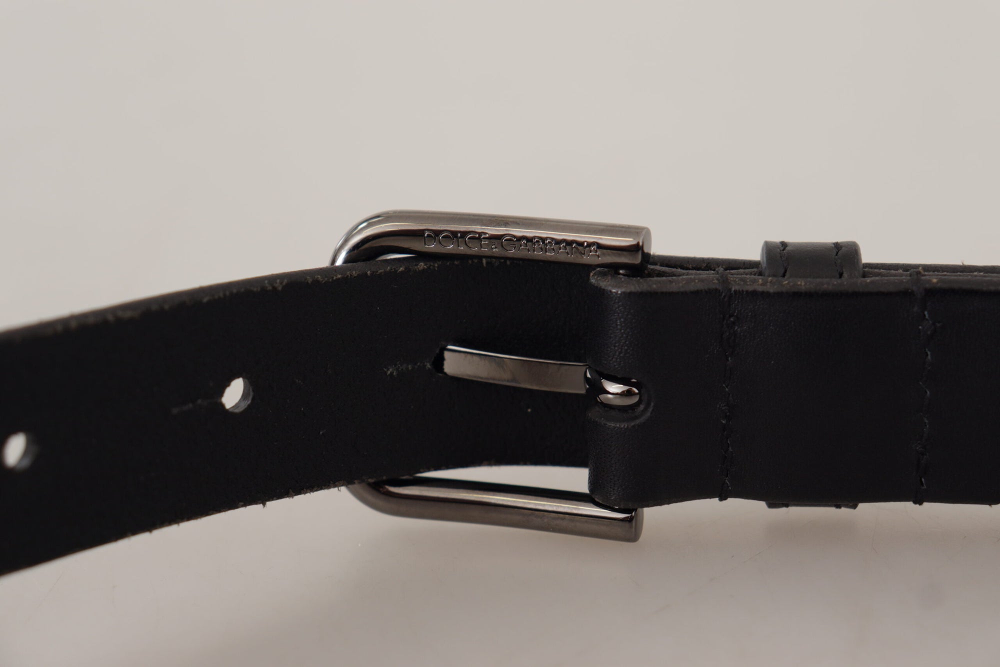 Dolce & Gabbana Black Calf Leather Logo Engraved Metal Buckle Belt