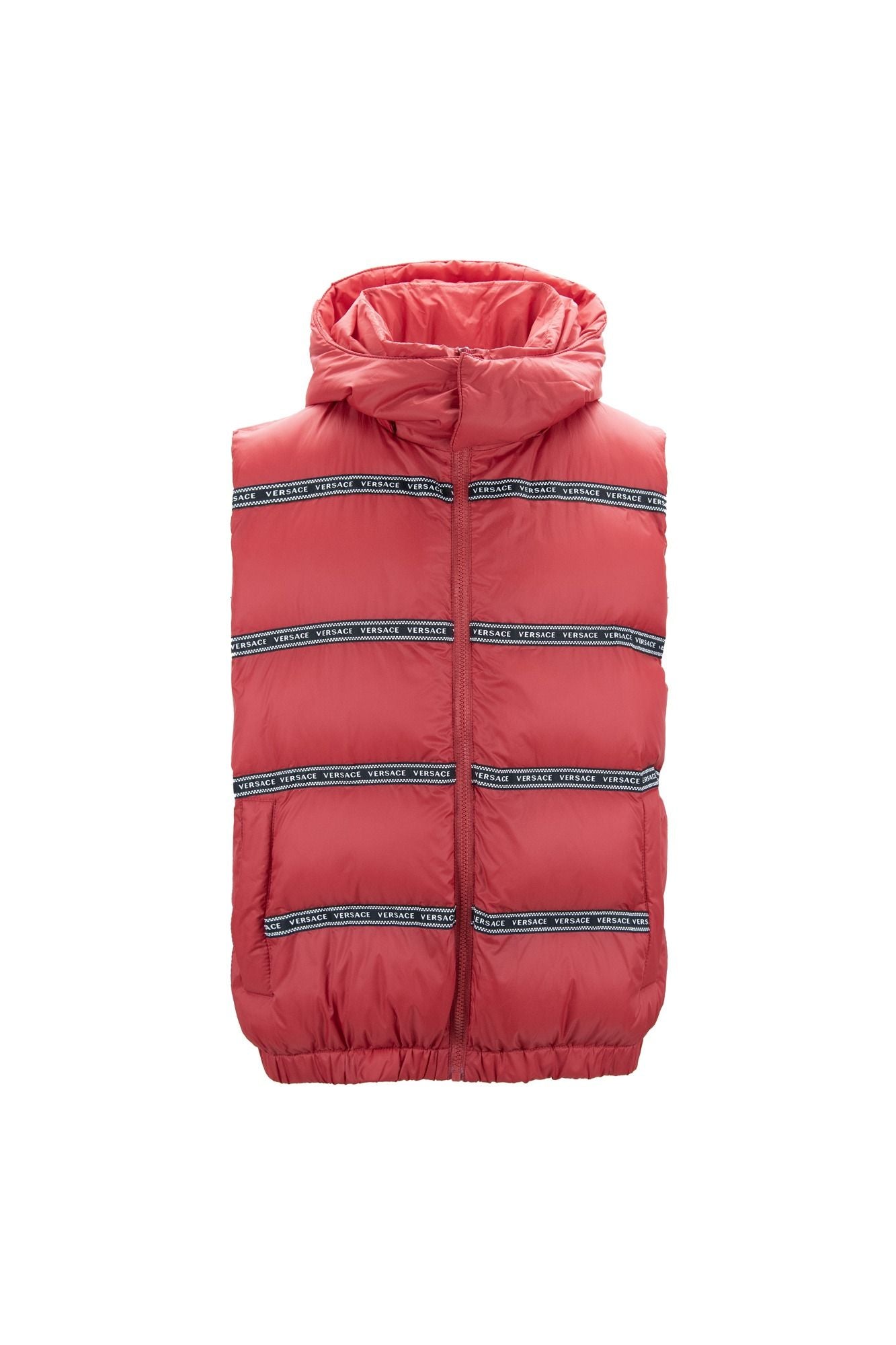 Élégant gilet rouge avec logo Versace et capuche amovible