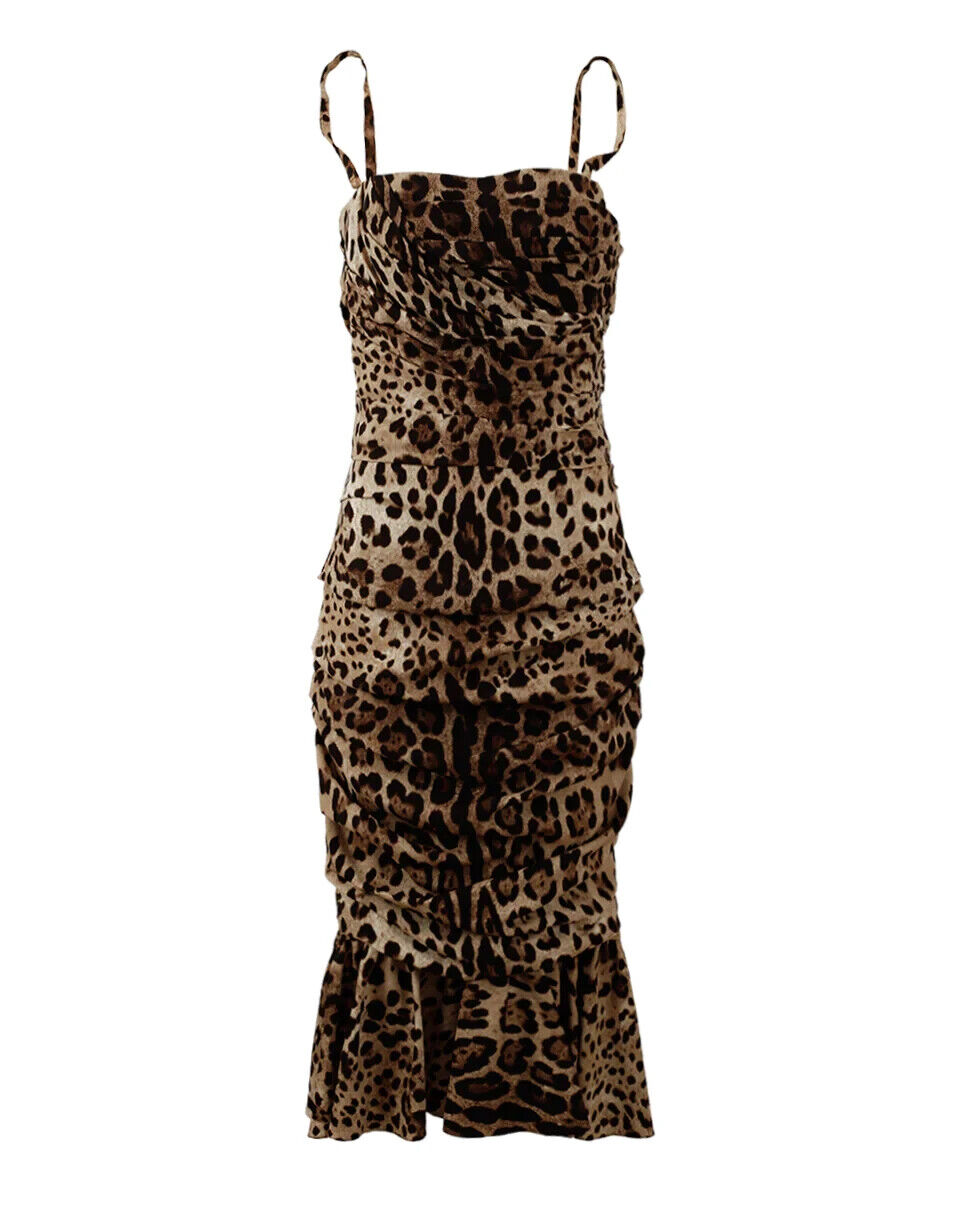 Dolce & Gabbana Brown Leopard Print Ruched Midi Dress