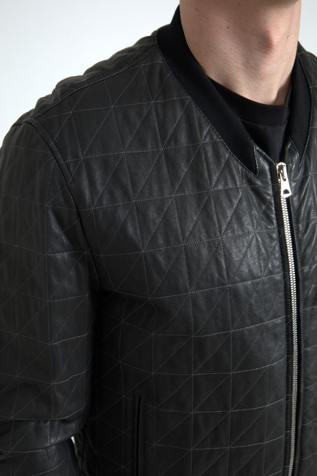 Dolce & Gabbana Black Leather Full Zip Bomber Coat Jacket