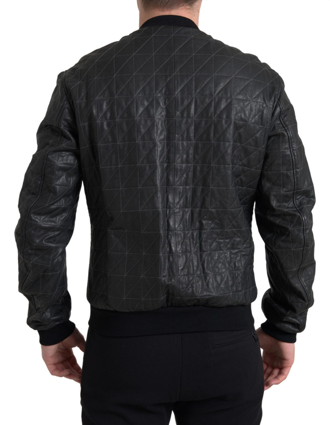 Dolce & Gabbana Black Leather Full Zip Bomber Coat Jacket