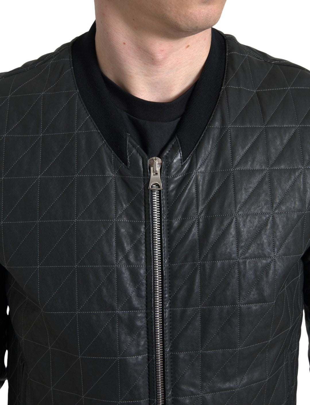Dolce & Gabbana Black Leather Full Zip Bomber Coat Jacket