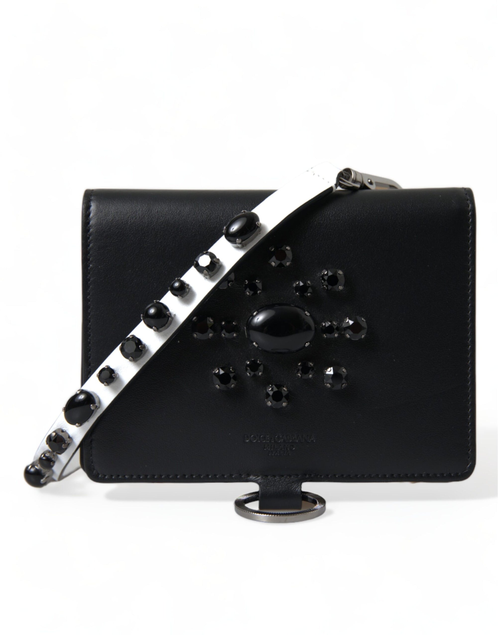 Dolce &amp; Gabbana Elegant Black Leather Crystal Card Holder Wallet
