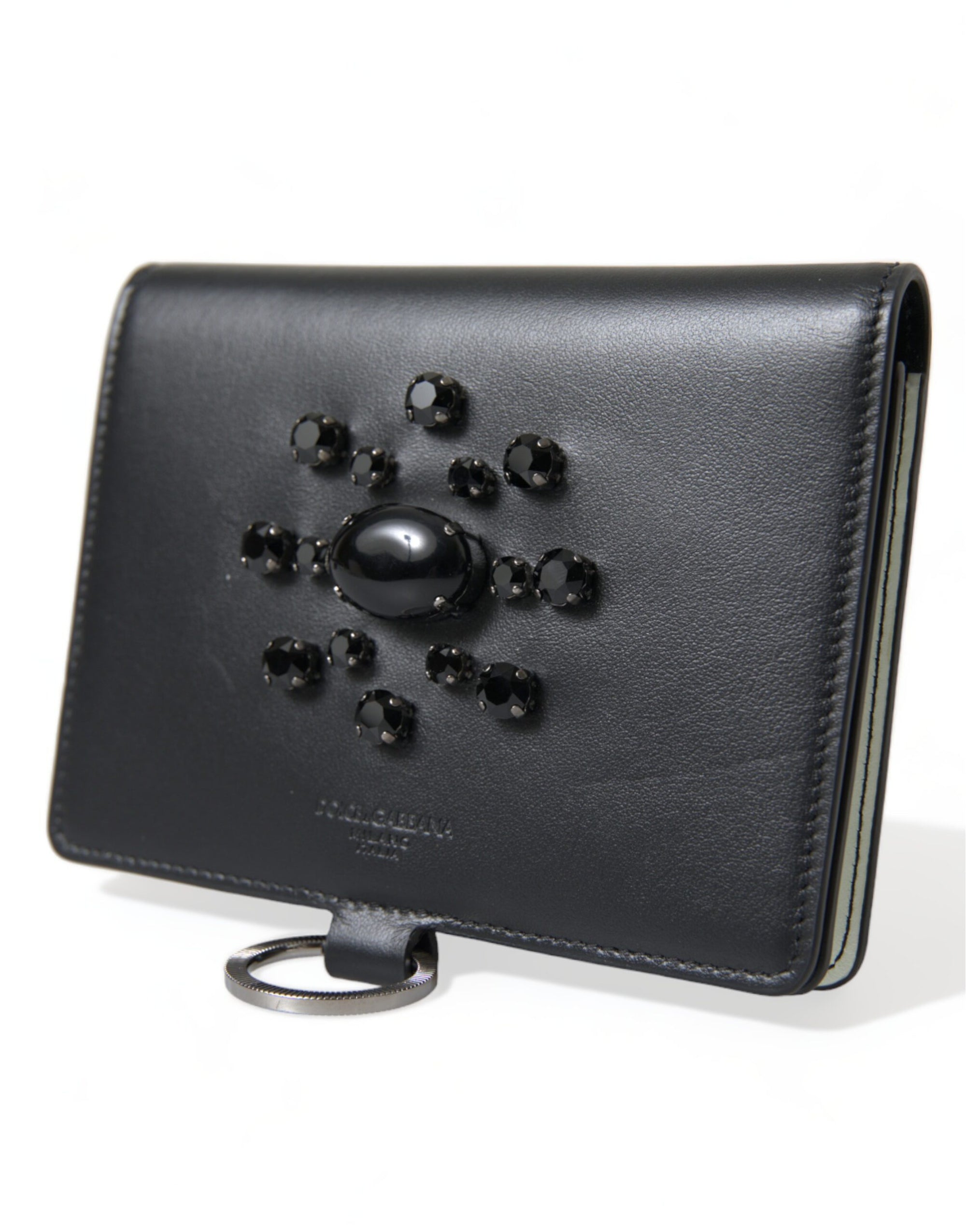 Dolce &amp; Gabbana Elegant Black Leather Crystal Card Holder Wallet