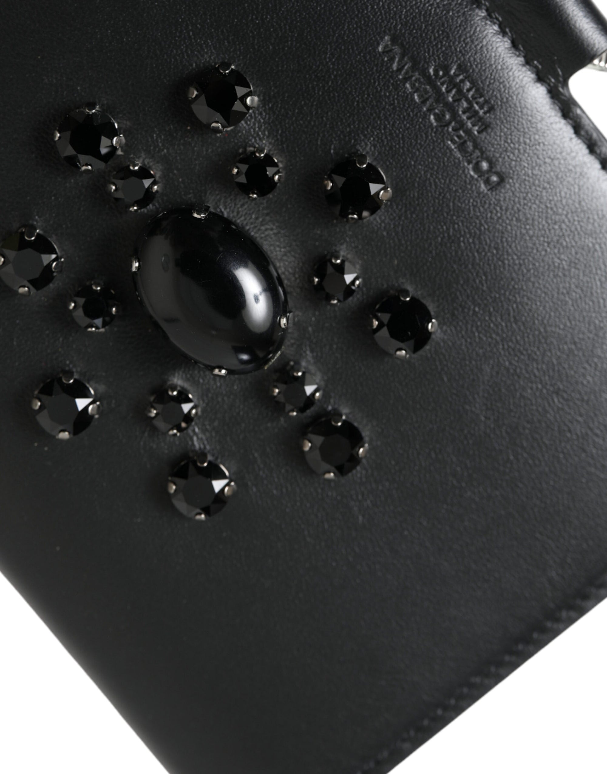 Dolce &amp; Gabbana Elegant Black Leather Crystal Card Holder Wallet