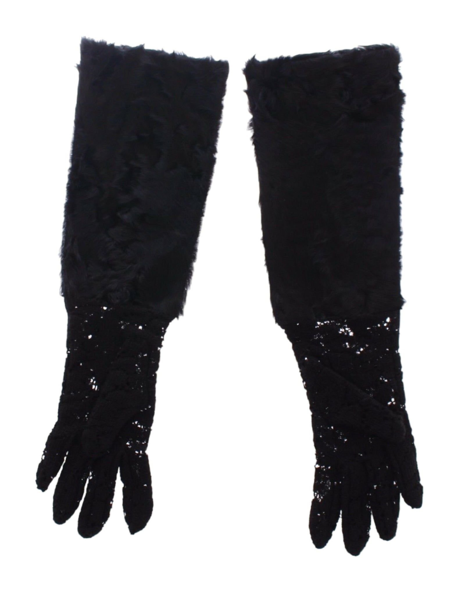 Gants de coude en laine noire, dentelle et fourrure d'agneau Dolce &amp; Gabbana