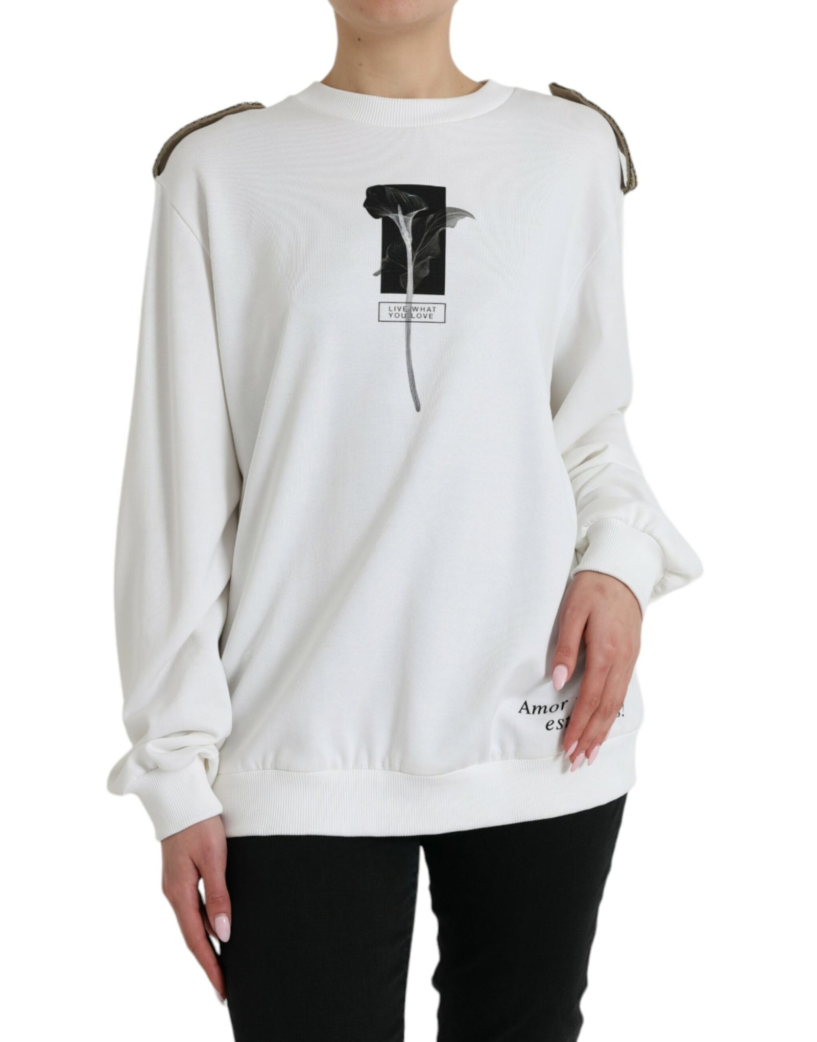 Dolce & Gabbana White Floral Cotton Crew Neck Pullover Sweater