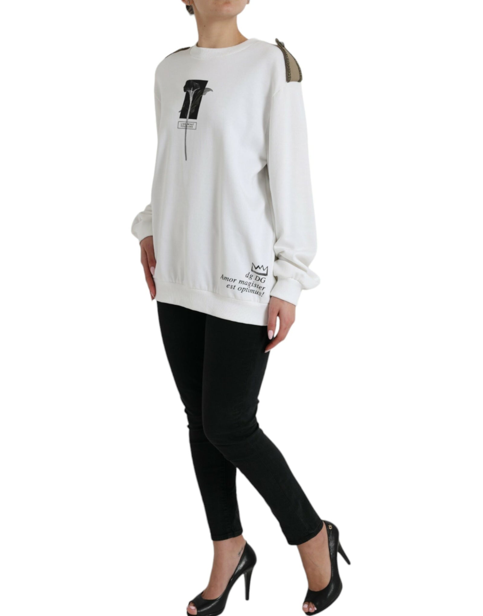Dolce & Gabbana White Floral Cotton Crew Neck Pullover Sweater