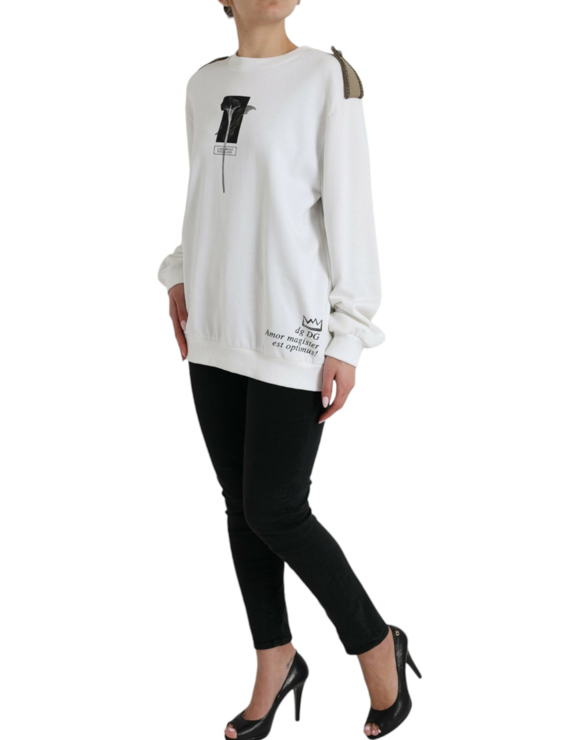 Dolce & Gabbana White Floral Cotton Crew Neck Pullover Sweater