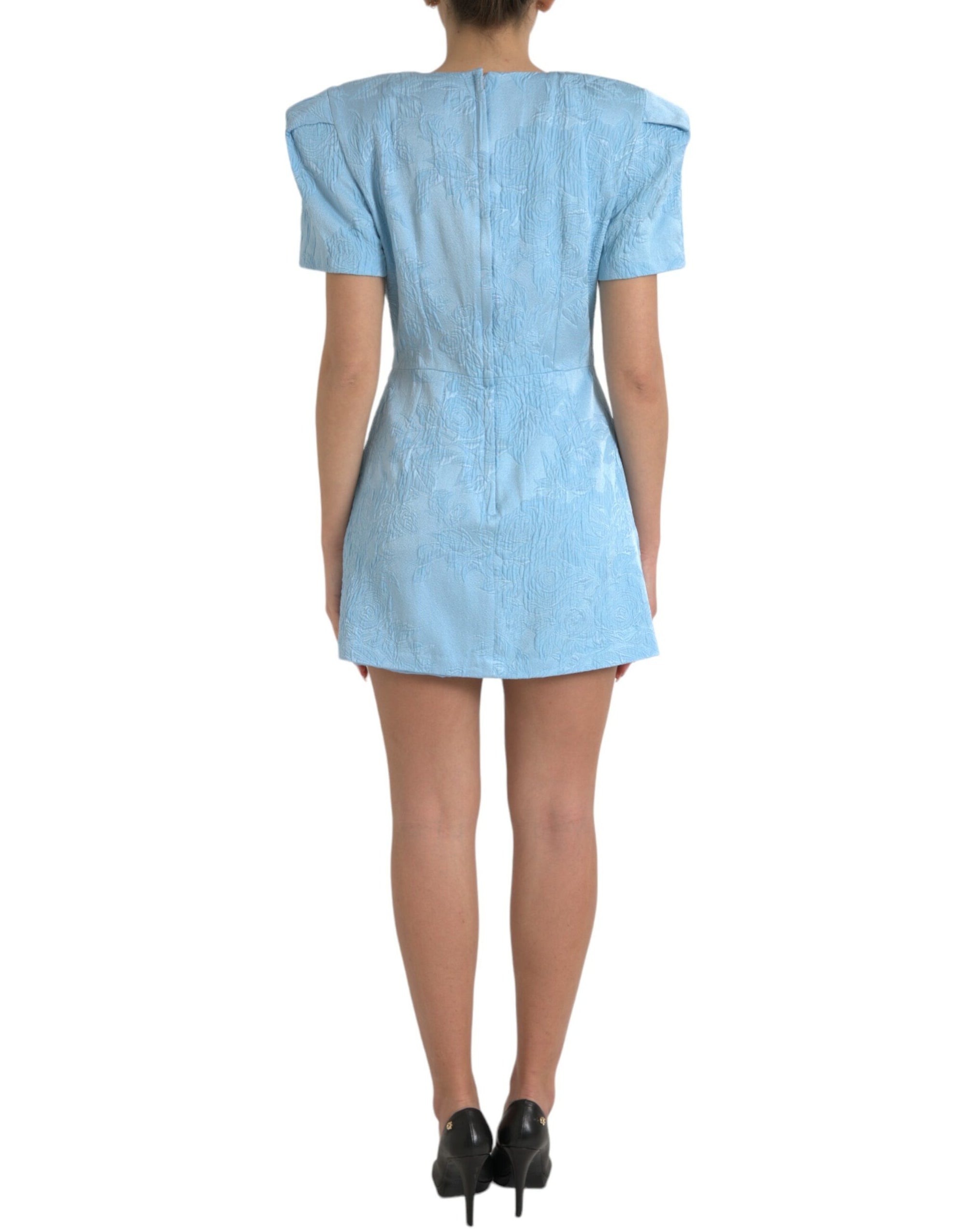 Dolce & Gabbana Light Blue Floral Jacquard Puff Sleeve Mini Dress