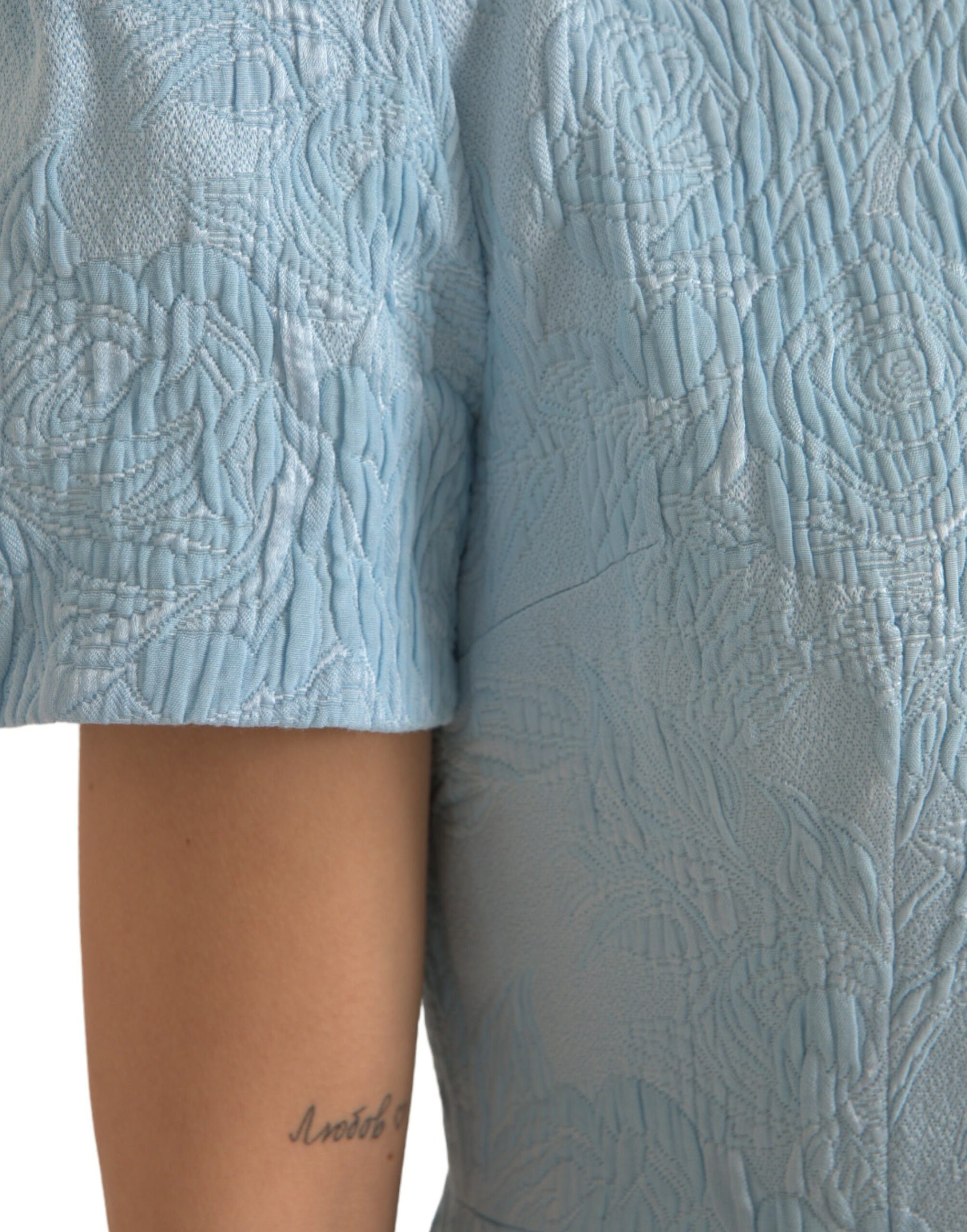 Dolce & Gabbana Light Blue Floral Jacquard Puff Sleeve Mini Dress