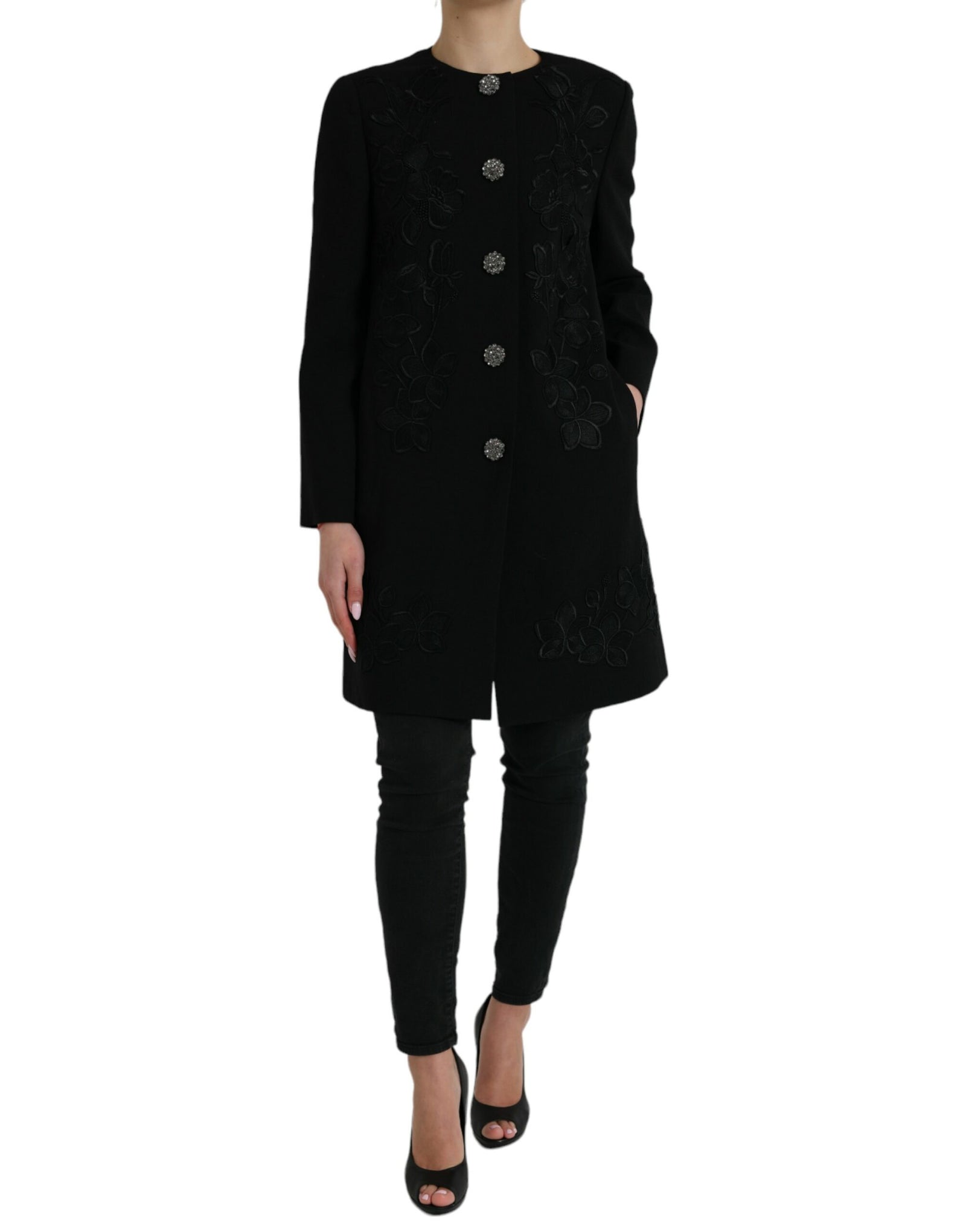 Dolce & Gabbana Black Floral Wool Button Embellished Jacket