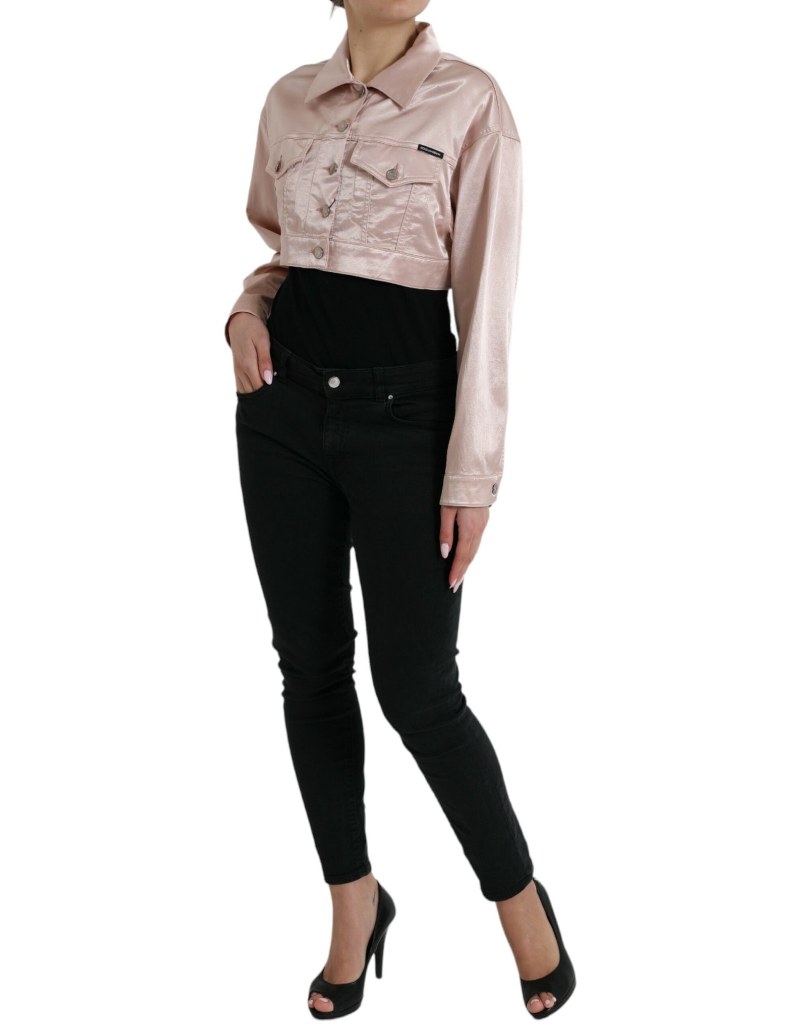 Dolce & Gabbana Pink Cotton Stretch Collared Cropped Jacket