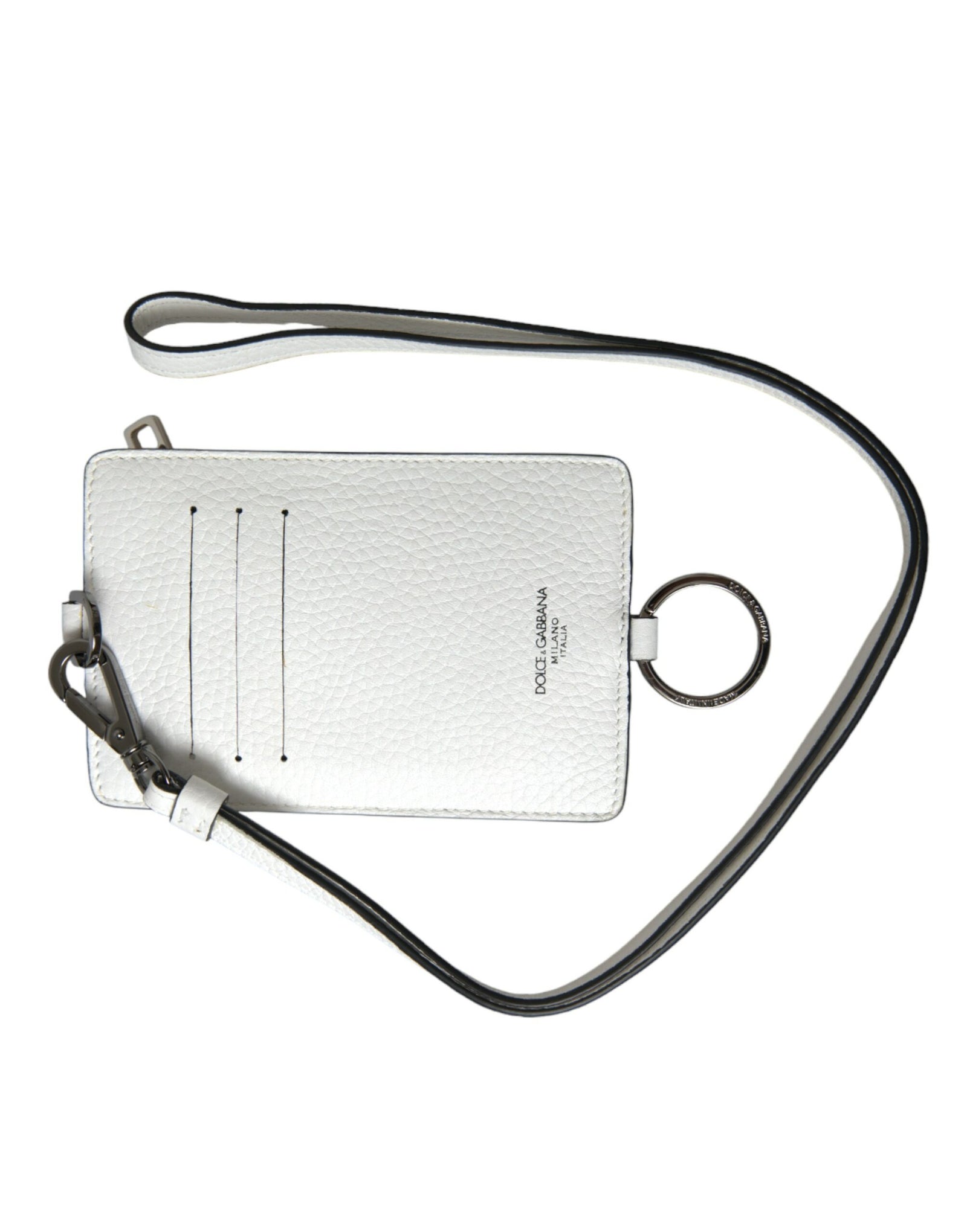 Portefeuille porte-cartes Dolce & Gabbana en cuir de veau blanc avec cordon et logo