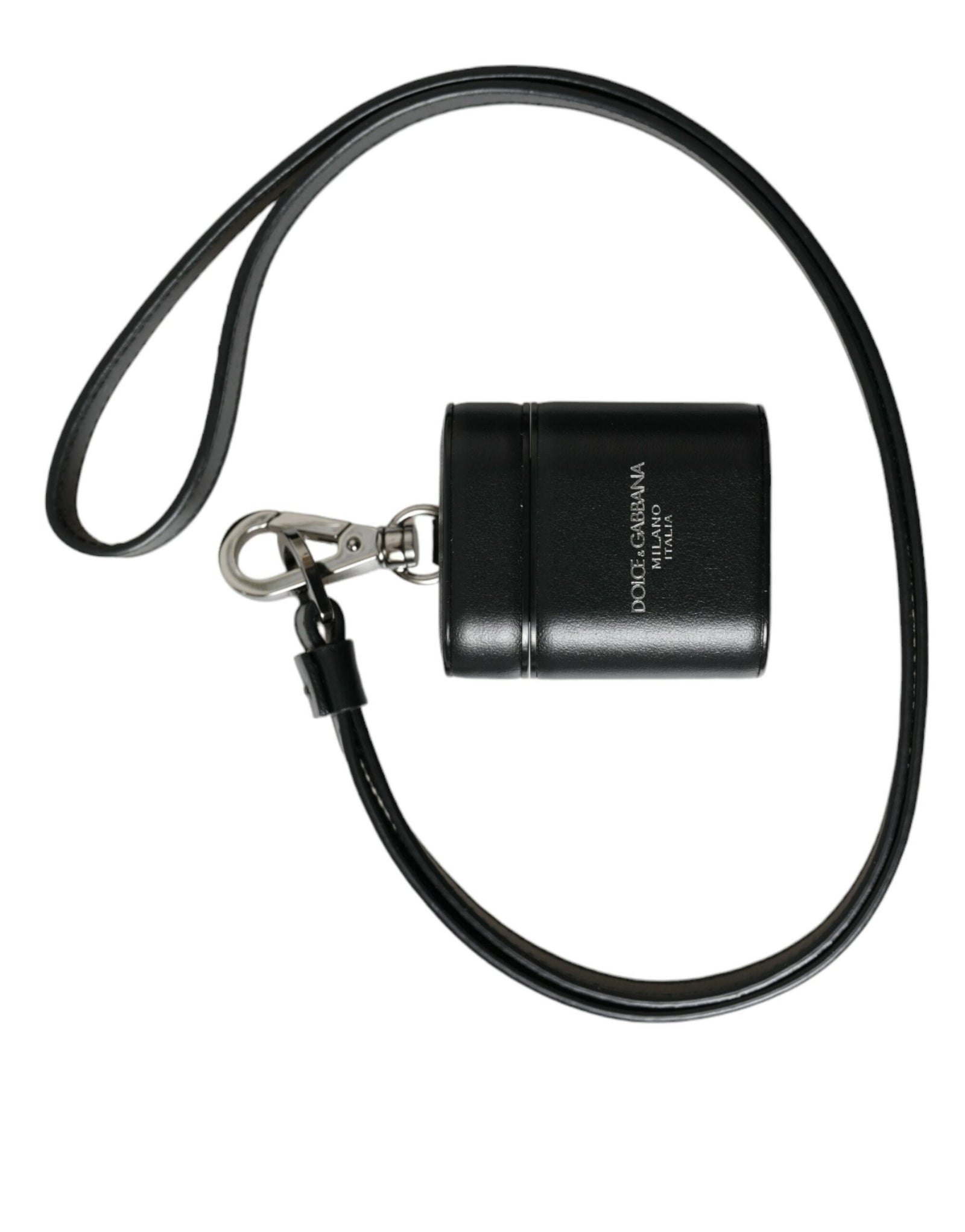 Étui pour Airpods Dolce & Gabbana avec bracelet en cuir noir et logo en métal argenté imprimé