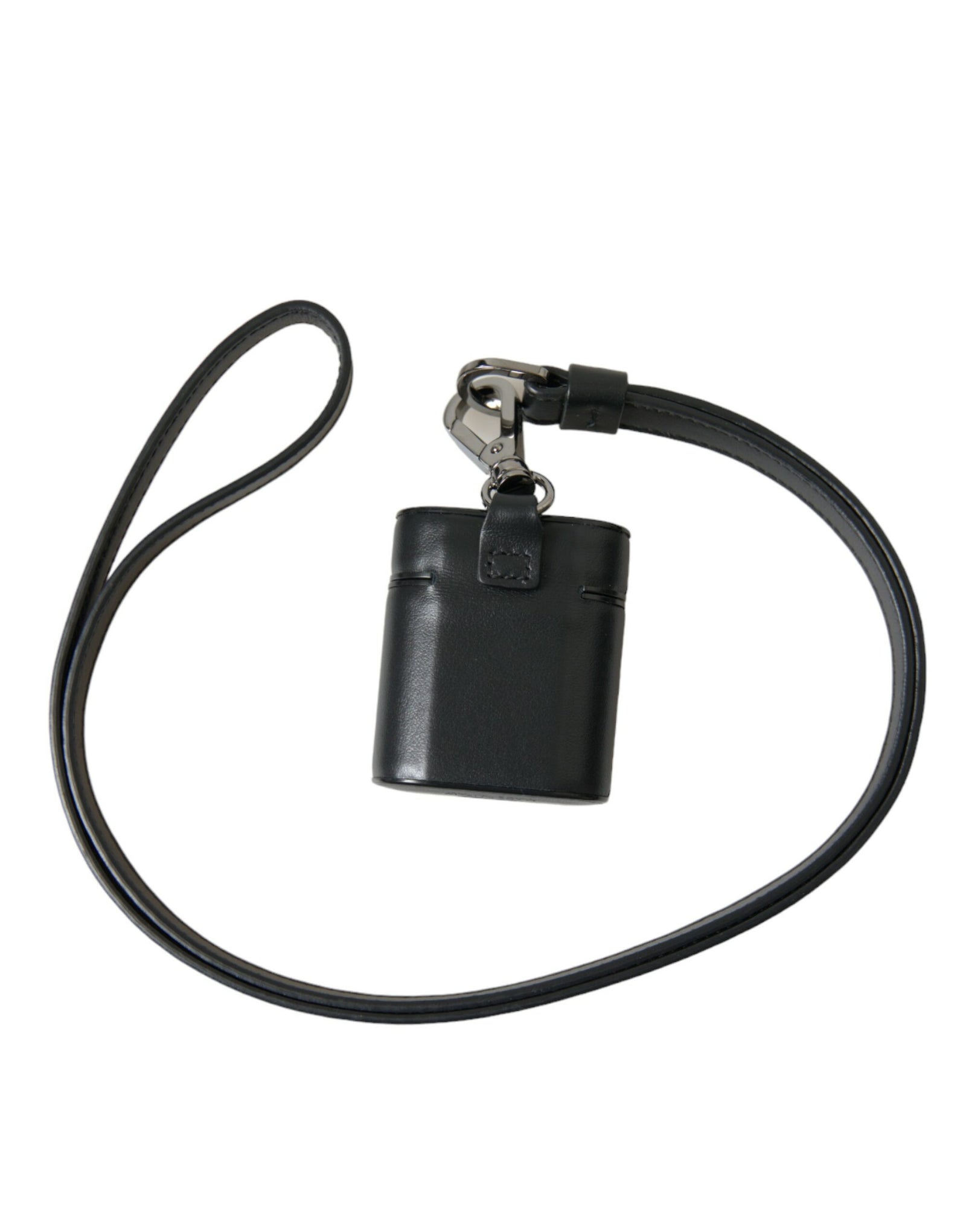 Étui pour Airpods Dolce & Gabbana avec bracelet en cuir noir et logo en métal argenté imprimé