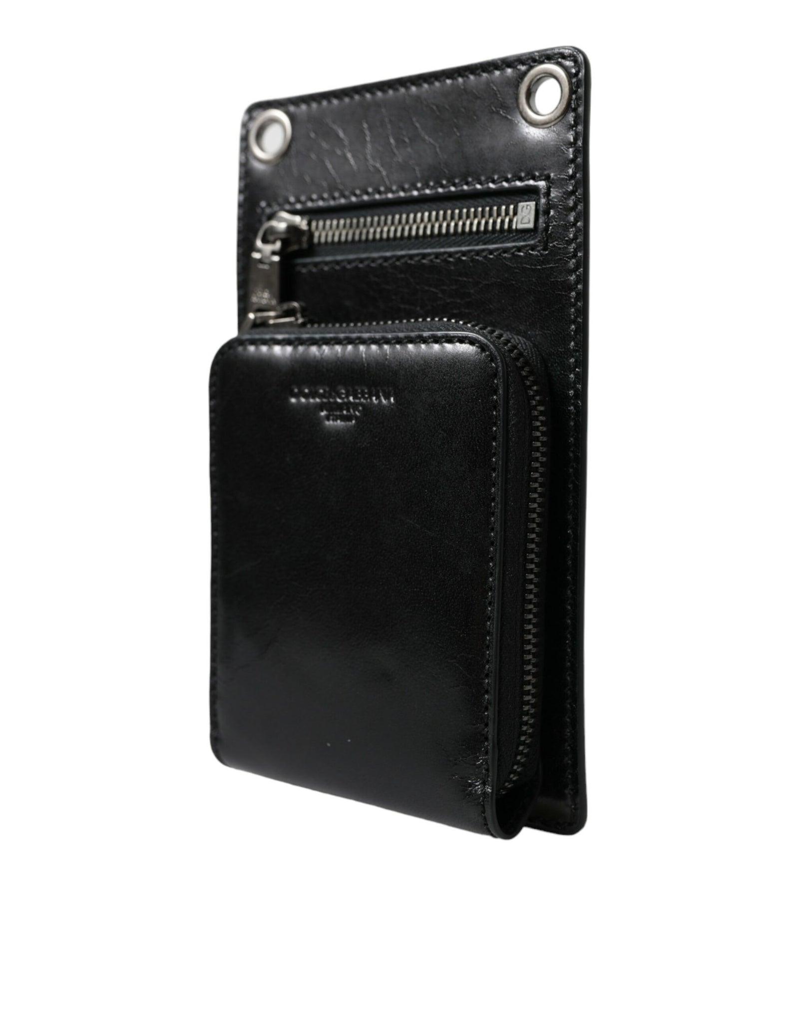 Portefeuille Dolce & Gabbana en cuir de cheval noir avec fermeture éclair et logo, compartiment pour téléphone