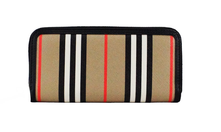 Portefeuille continental zippé Burberry Ellerby en cuir noir et toile à rayures emblématiques