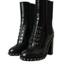 Dolce & Gabbana Black Leather Studded Lace Up Boots Shoes