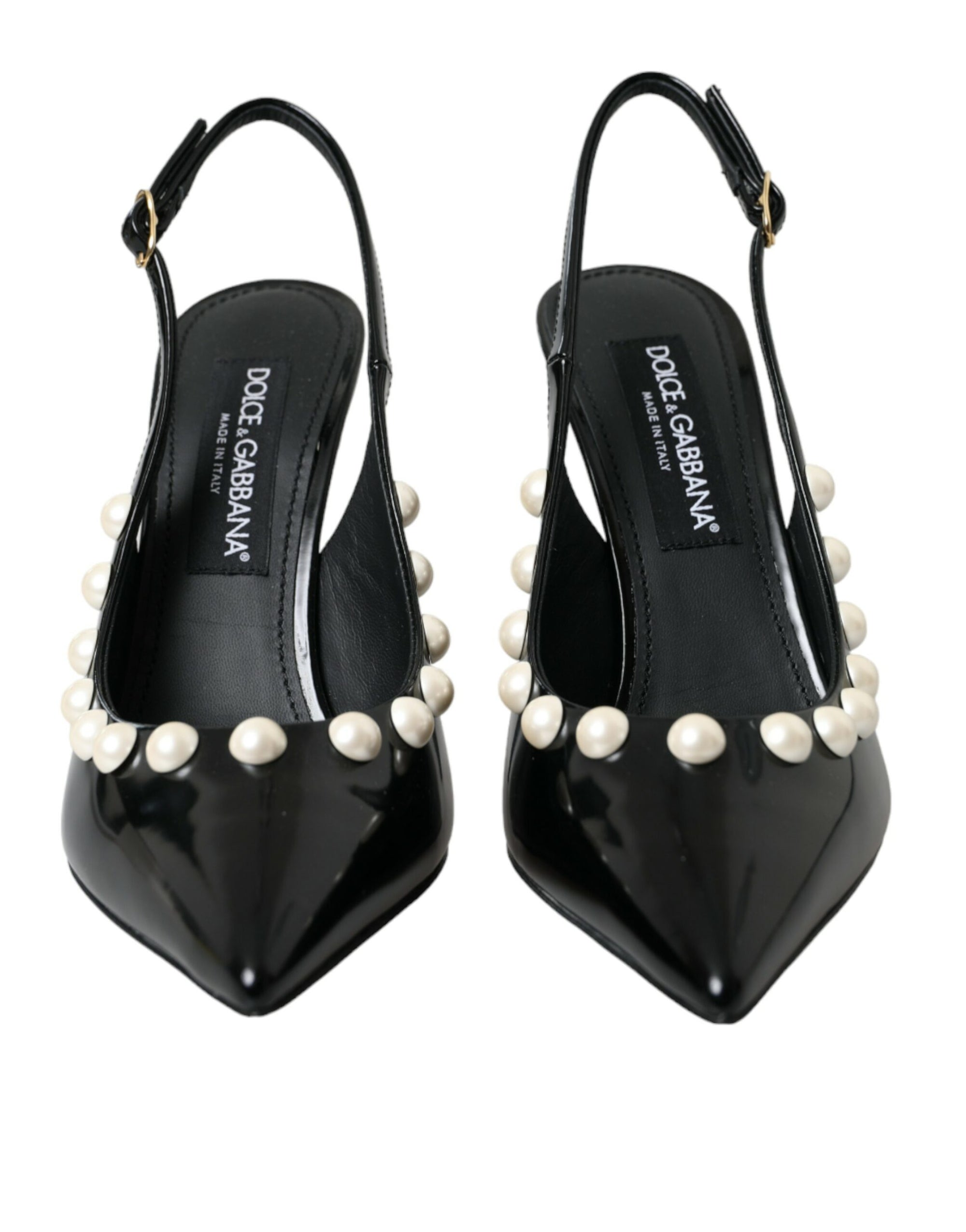 Chaussures à bride arrière en cuir noir Dolce &amp; Gabbana à talon en fausse perle
