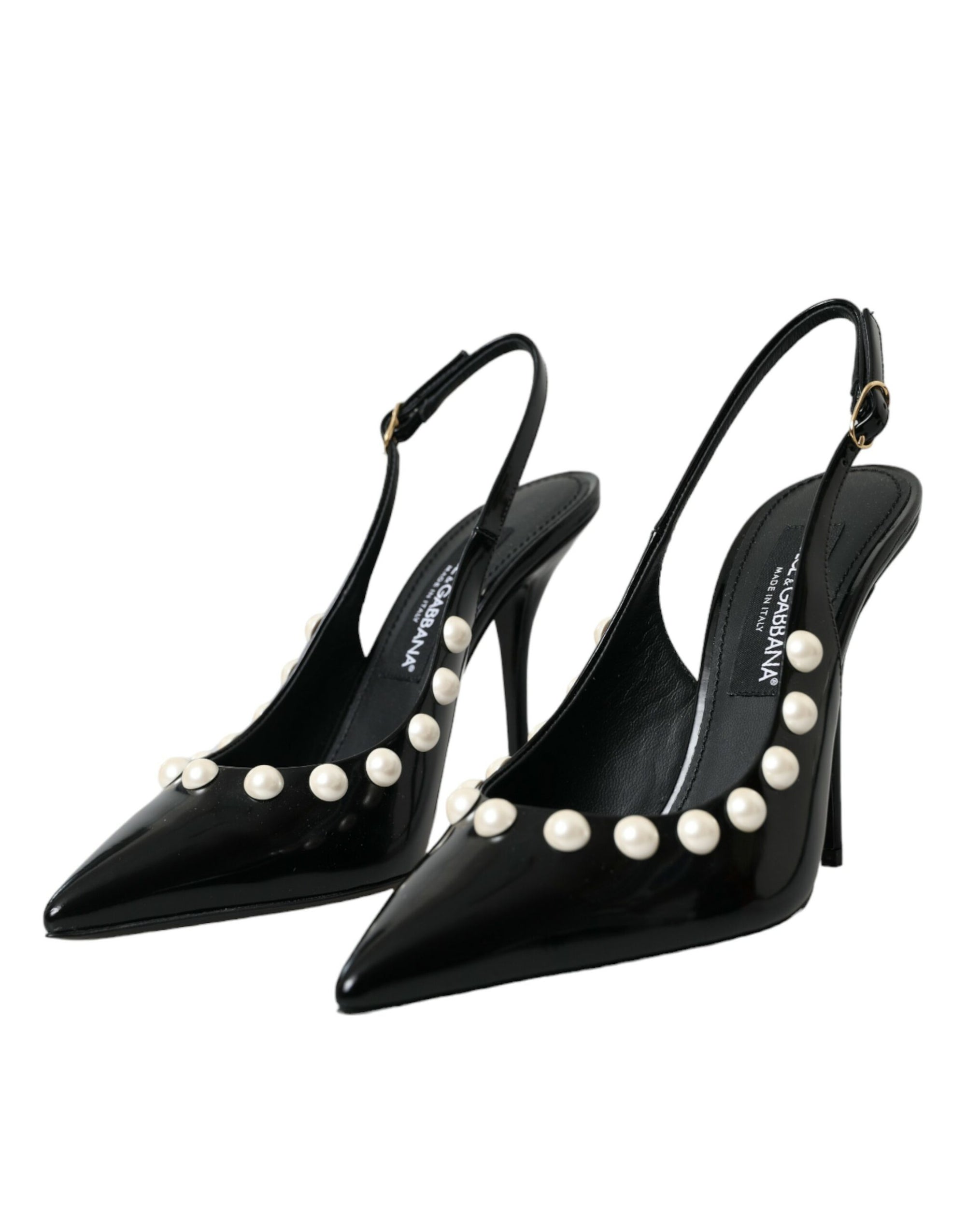 Chaussures à bride arrière en cuir noir Dolce &amp; Gabbana à talon en fausse perle