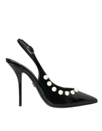 Chaussures à bride arrière en cuir noir Dolce &amp; Gabbana à talon en fausse perle
