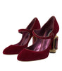 Dolce & Gabbana Red Velvet Gold Crystals Heels Mary Jane Shoes