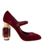Dolce & Gabbana Red Velvet Gold Crystals Heels Mary Jane Shoes