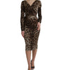 Dolce & Gabbana Brown Leopard Print Bodycon V-neck Midi Dress