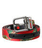 Dolce & Gabbana Red Leather Jacquard Silver Metal Buckle Belt