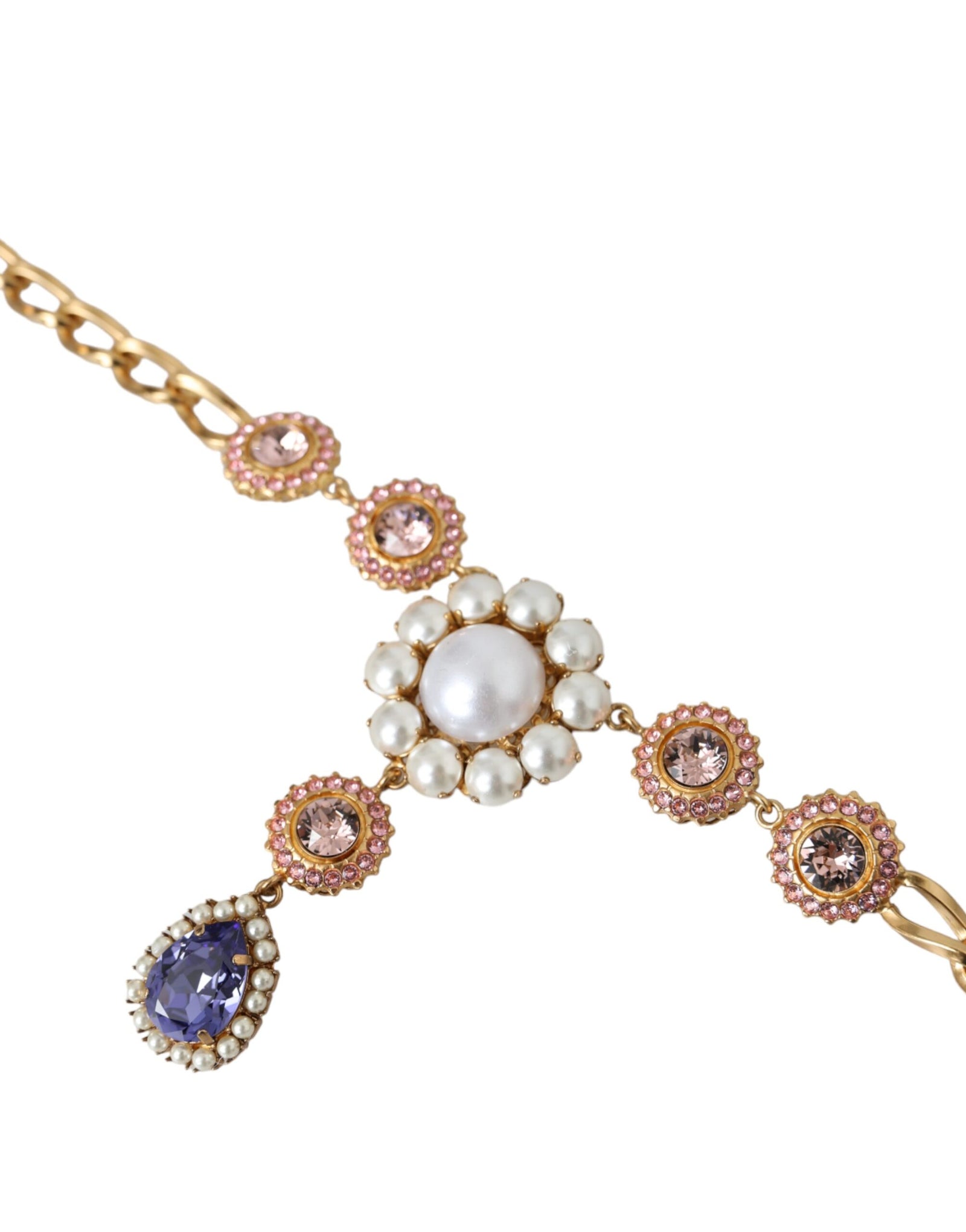 Collier Dolce & Gabbana avec pendentifs en laiton doré et perles violettes et roses