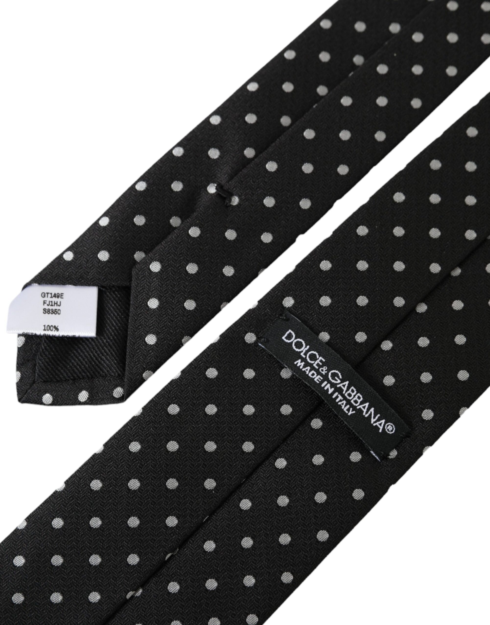 Dolce &amp; Gabbana Black White Polka Dots 100% Silk Necktie Face Mask