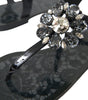 Dolce &amp; Gabbana Black Crystal Flats Sandals Flip Flops Shoes