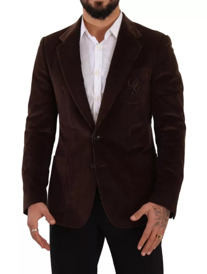 Manteau slim en velours côtelé marron Dolce &amp; Gabbana avec blazer à logo DG