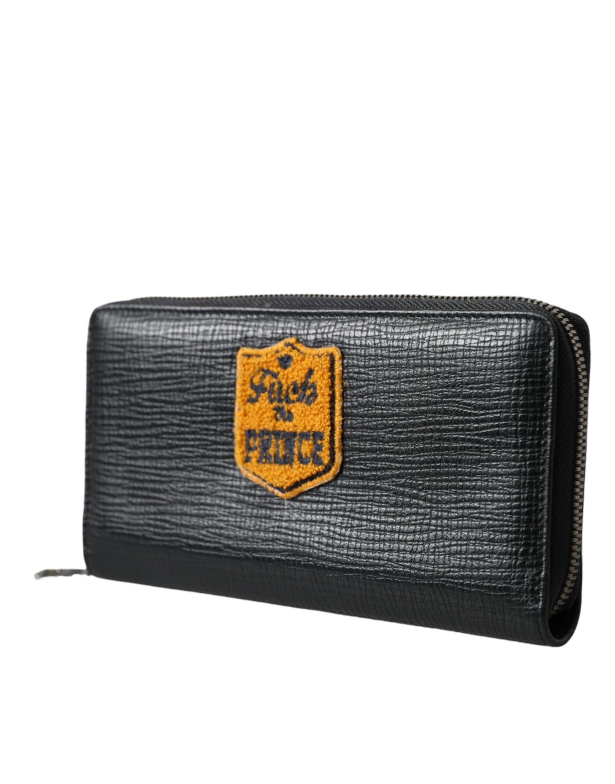Portefeuille continental zippé en cuir noir Dolce &amp; Gabbana avec patch logo