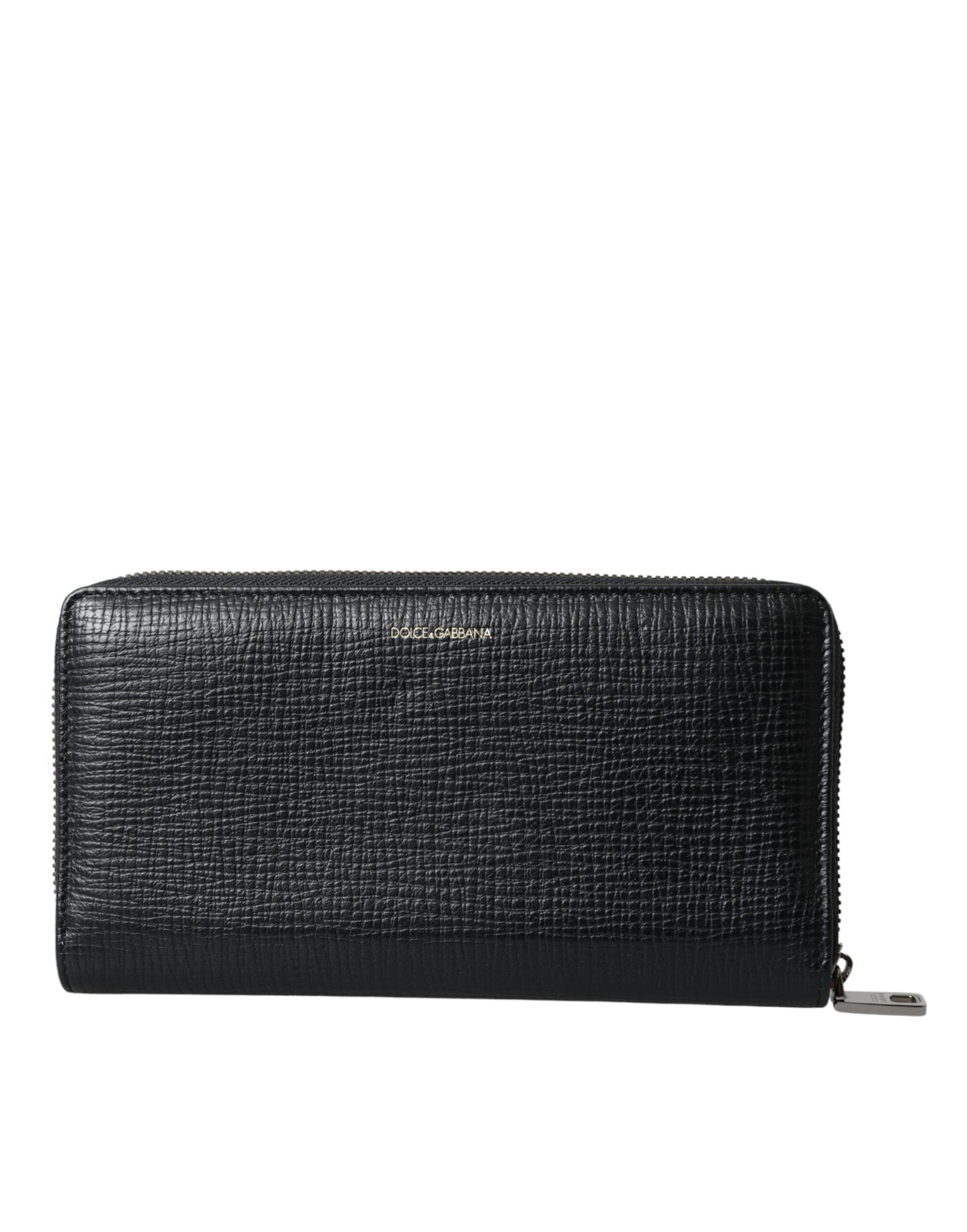 Portefeuille continental zippé en cuir noir Dolce &amp; Gabbana avec patch logo